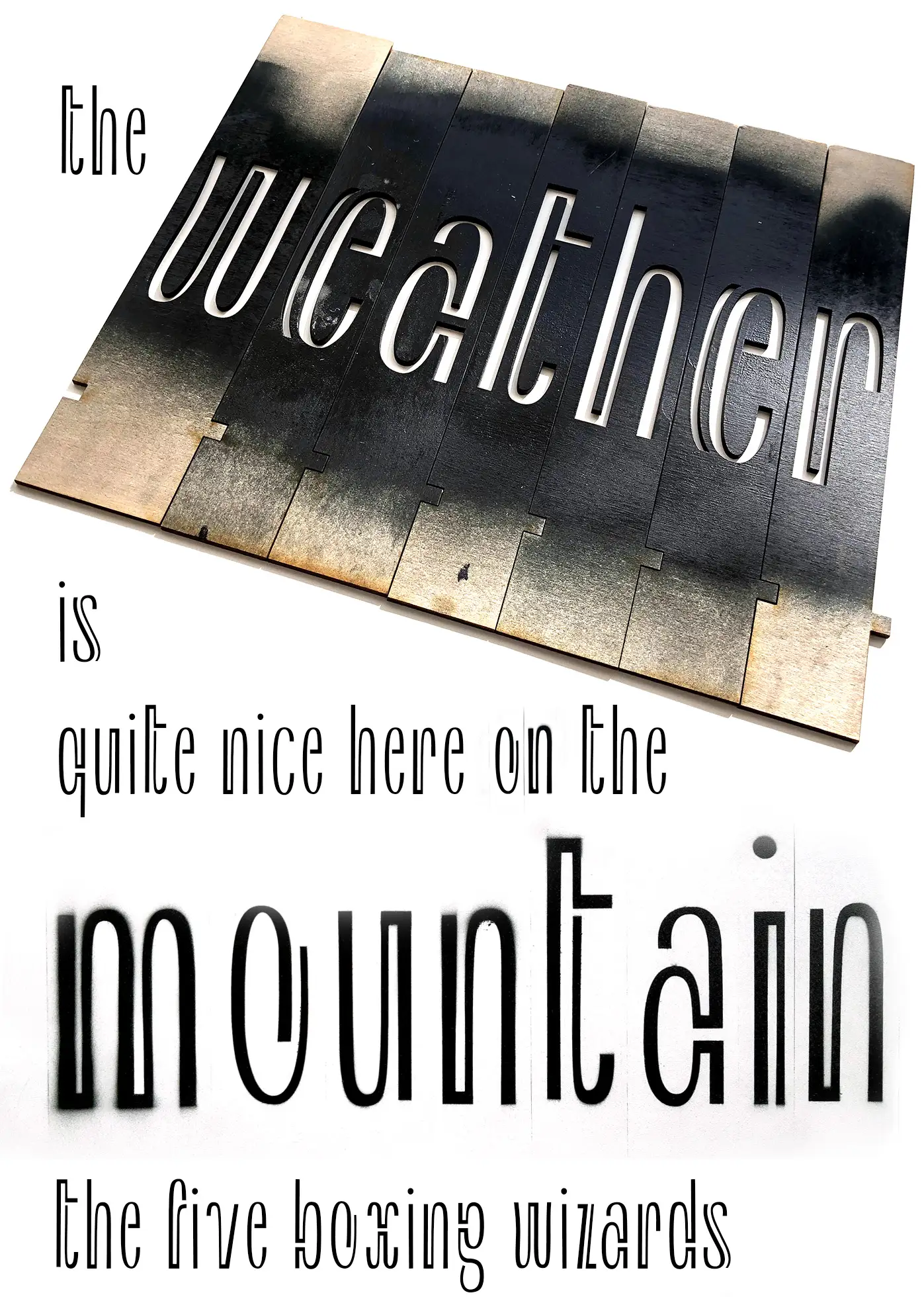 Image of designed type, used digitally, cut out of wood and spraypainted use.