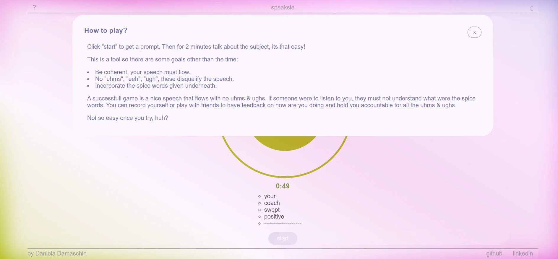 Image of application in use, rules page